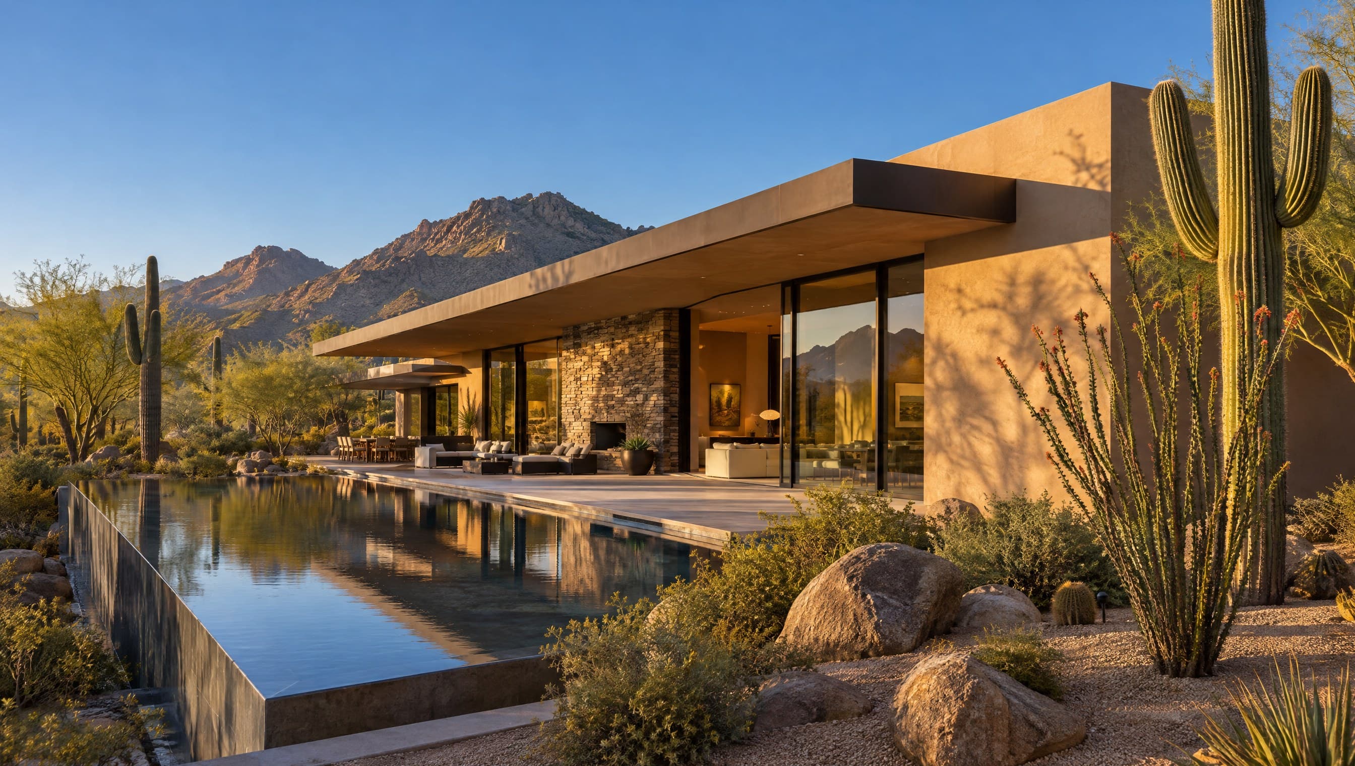 A contemporary desert home in late sun: smooth stucco, deep flat roofs, walls of glass and a long still pool, mountains behind