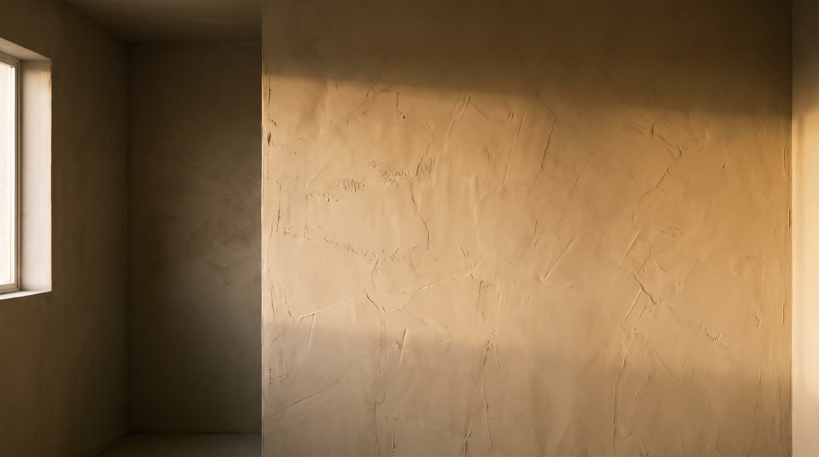 A matte lime plaster wall in warm sand, trowel marks caught in low side light from a single window