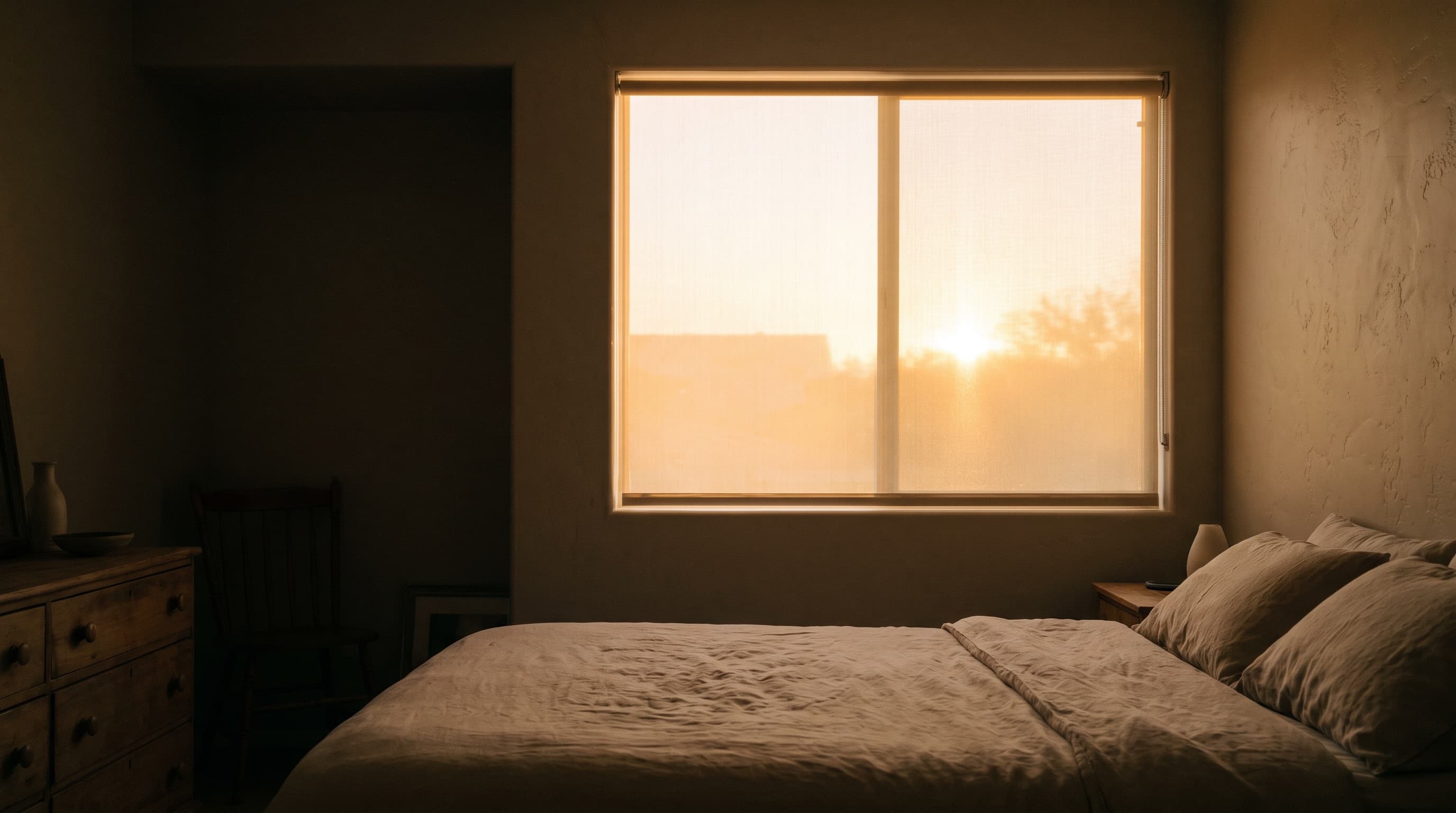 A bedroom at sunset, the low sun filtered through a fabric shade