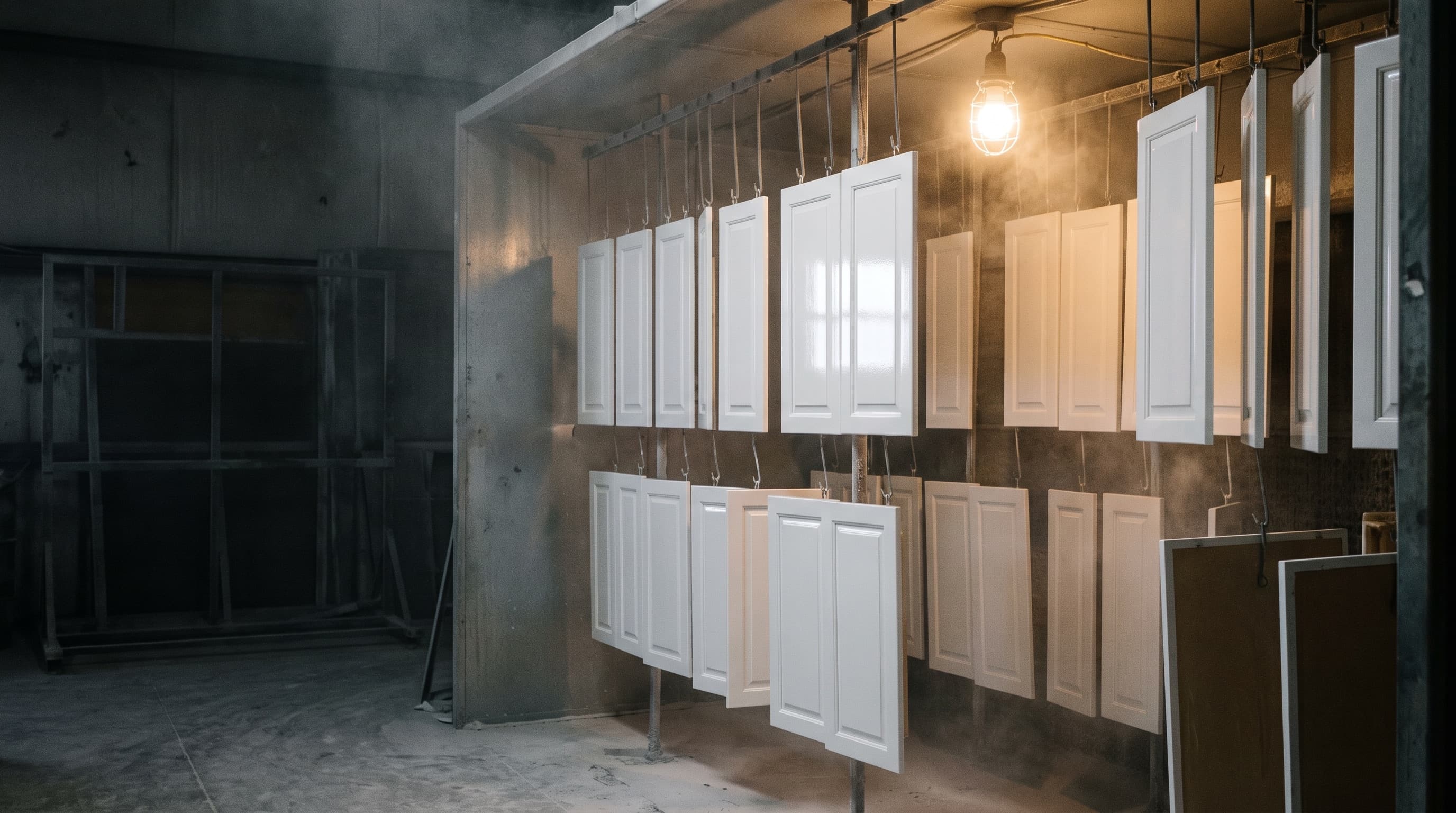 Cabinet doors hung in a spray booth, freshly sprayed white lacquer still wet under one work light