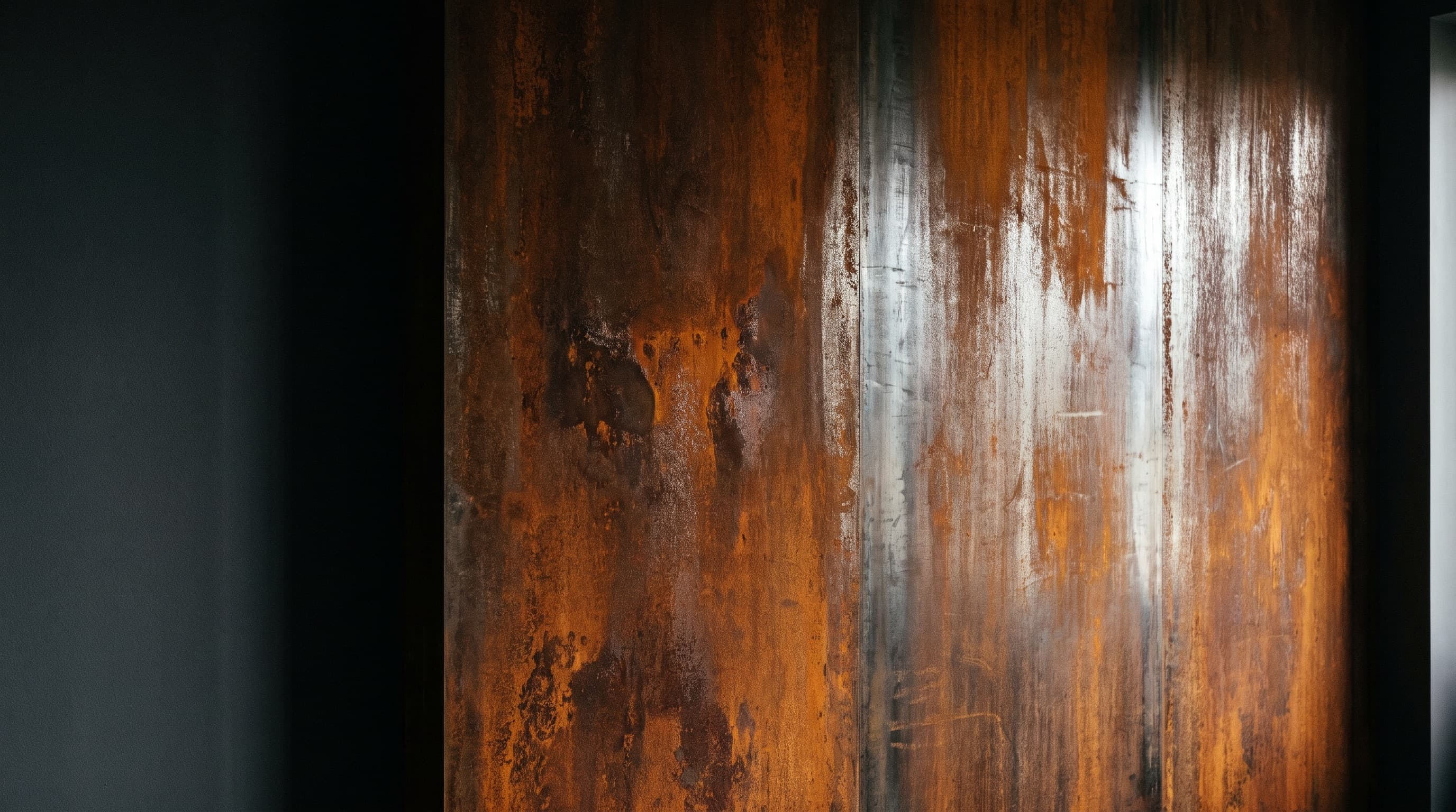 A feature panel in a reactive iron finish, rust and metallic streaks turning under raking light beside a charcoal wall
