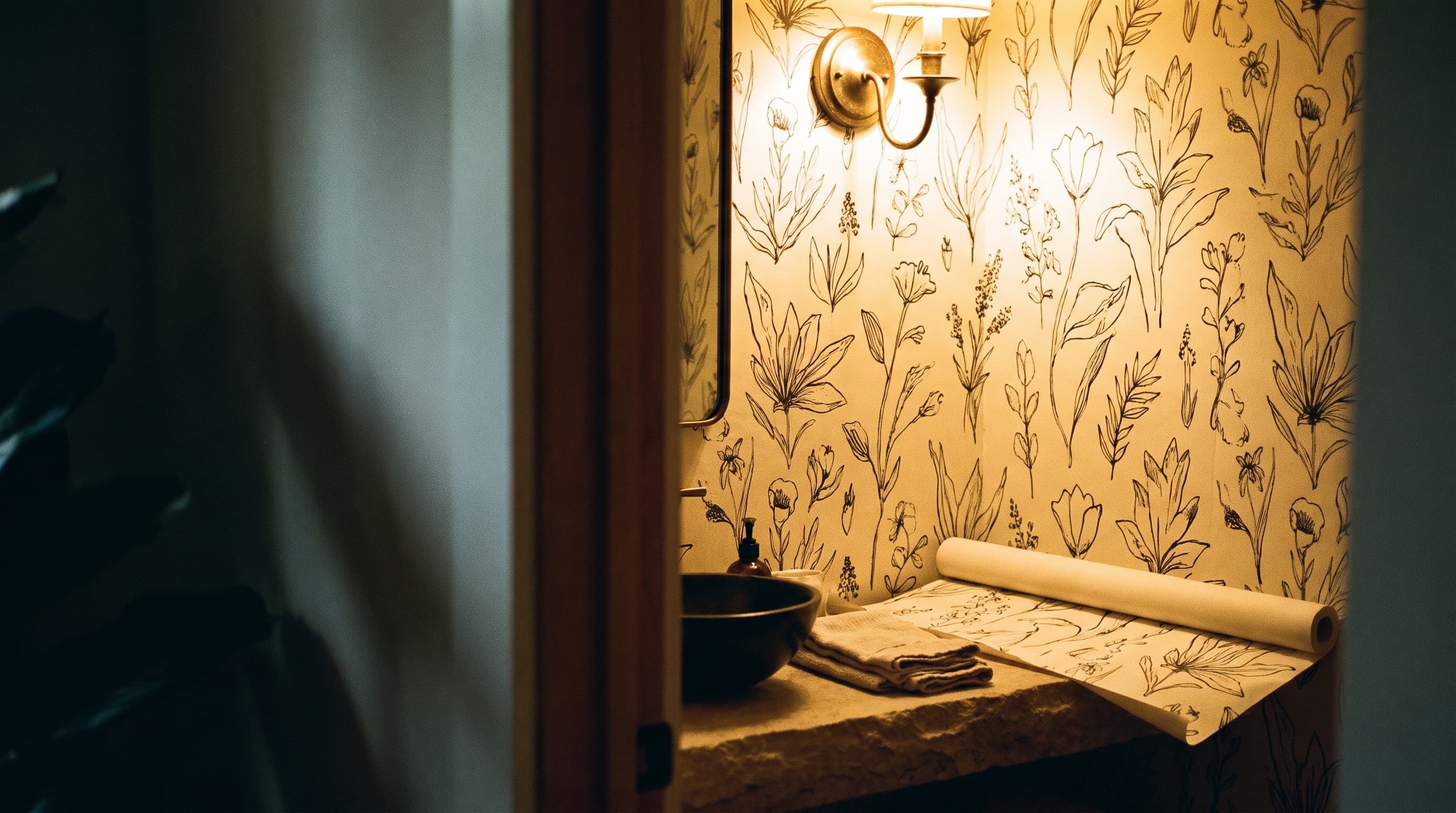 A powder room papered in a gold botanical print, lit by a brass sconce