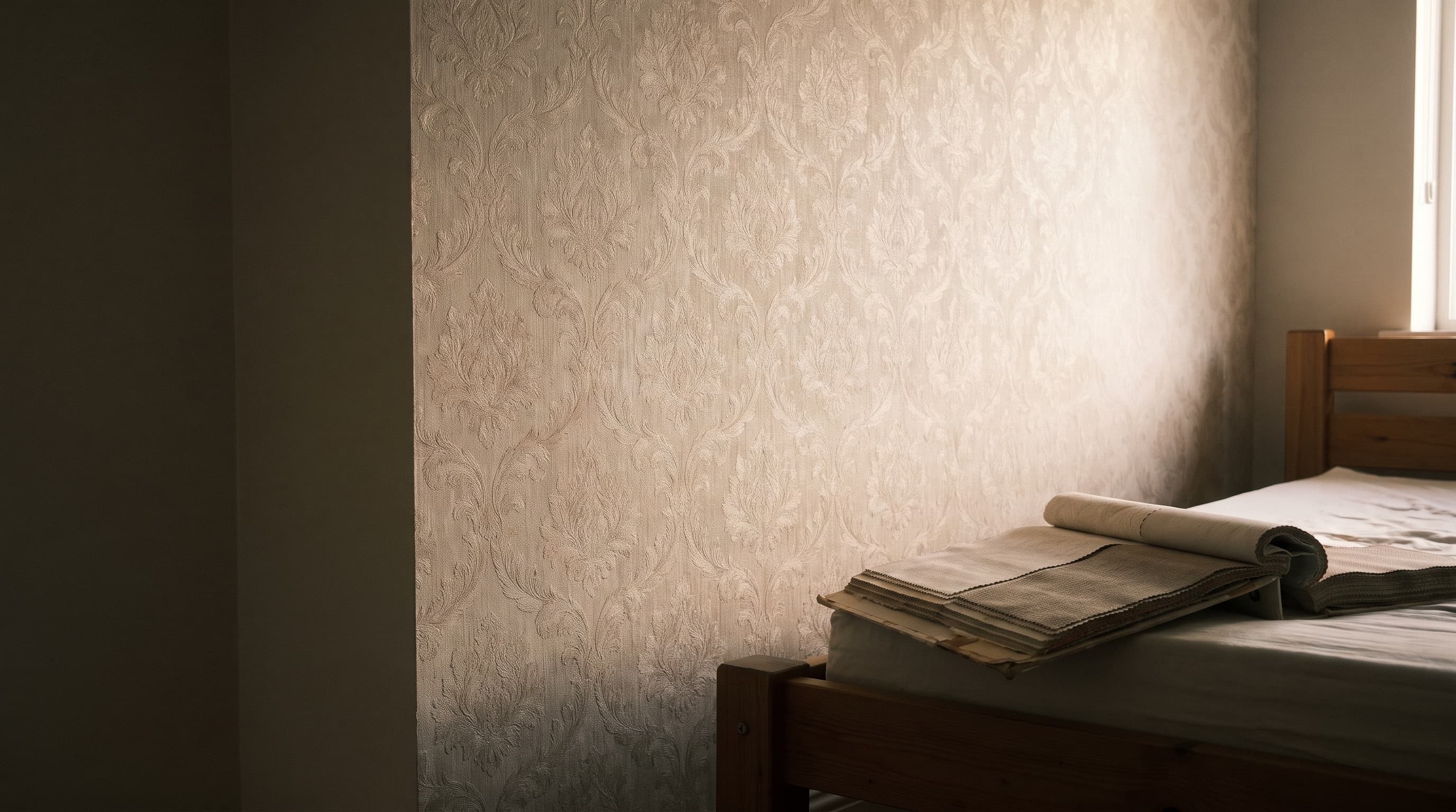 A room papered in a York pattern with a sample book open beside it