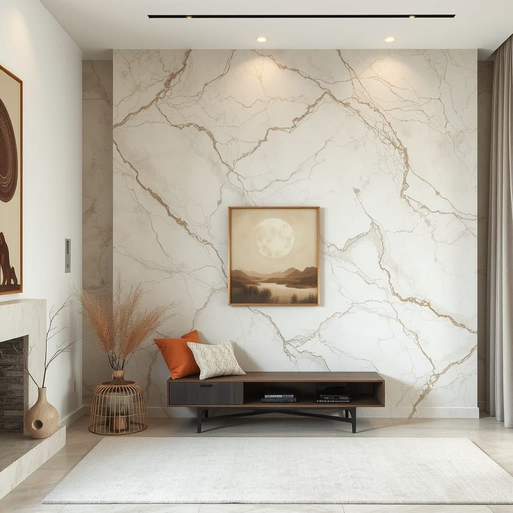 A living room wall of Meoded Renaissance Marbleized with fine veining