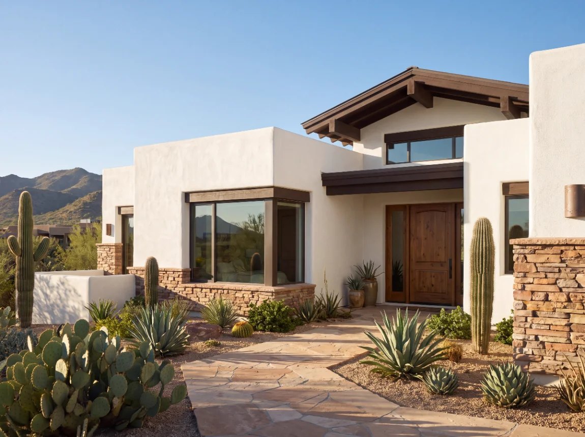 A stucco front, saguaros along the walk, shown in Red Rock