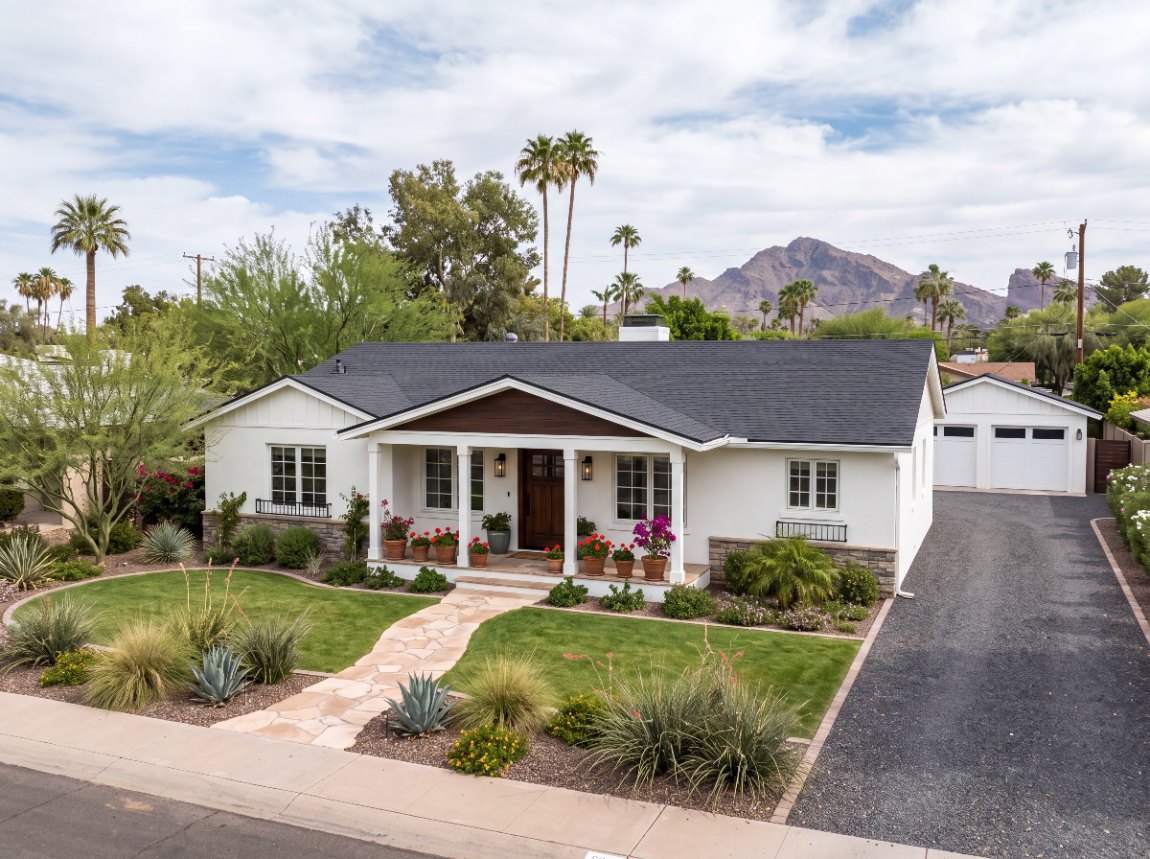 A ranch house with a front porch, shown in Red Rock