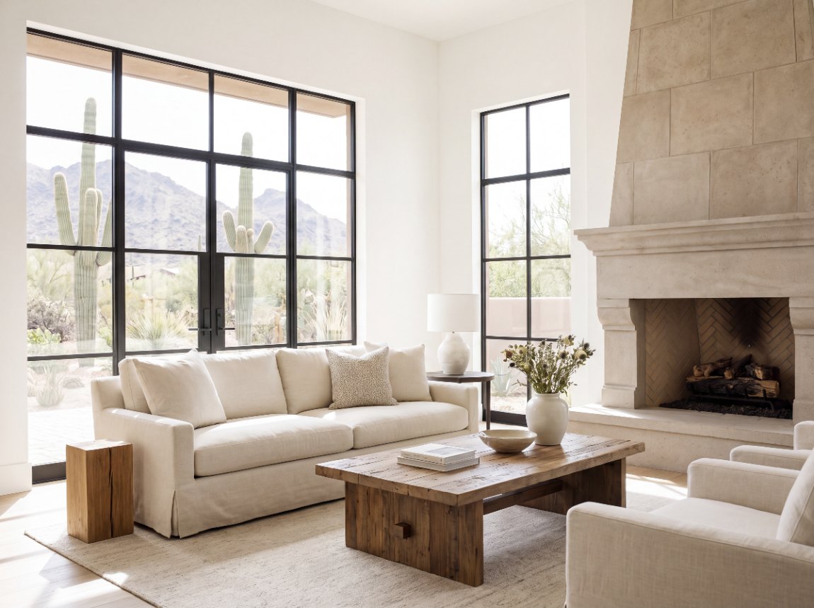 A living room, steel windows to the desert, shown in Red Rock