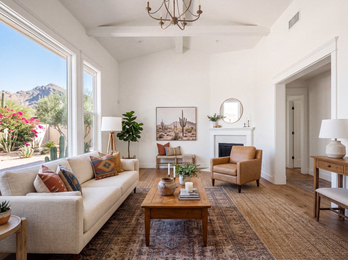 A living room under a vaulted ceiling, shown in Red Rock