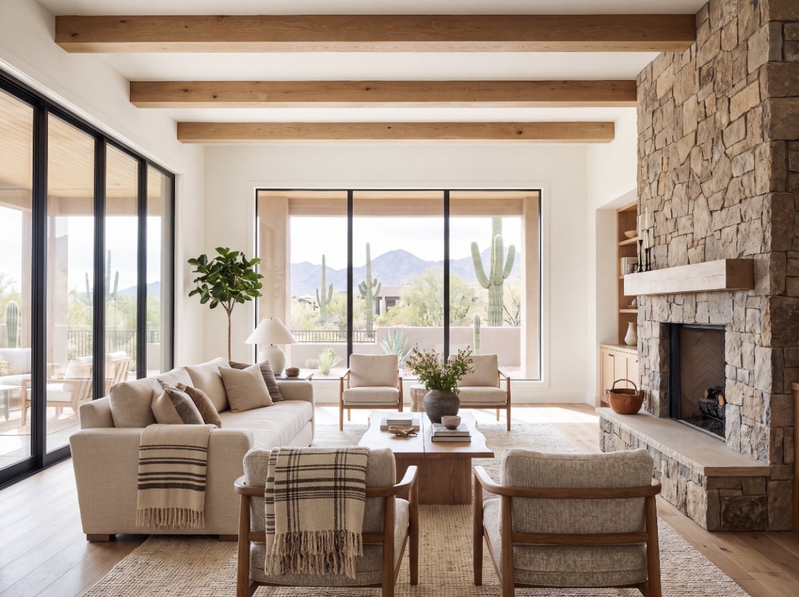 A great room with a stone fireplace, shown in Red Rock